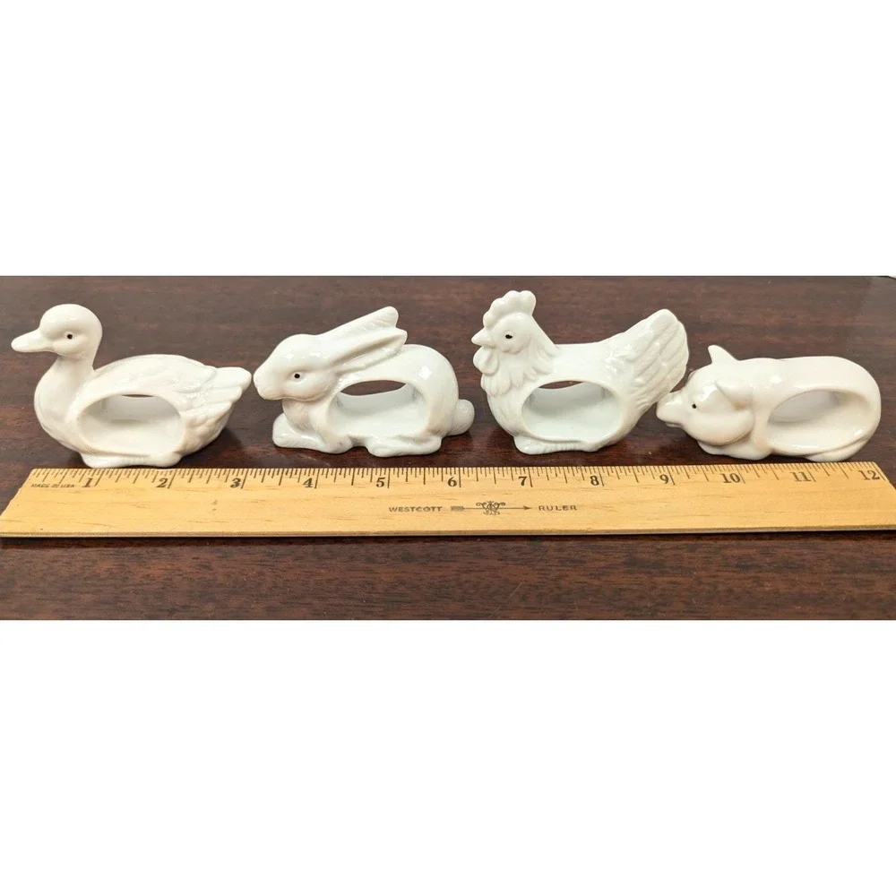 Vintage Set Of 4‎ Porcelain Animal Napkin Rings Rabbit Pig Chicken Duck 1984